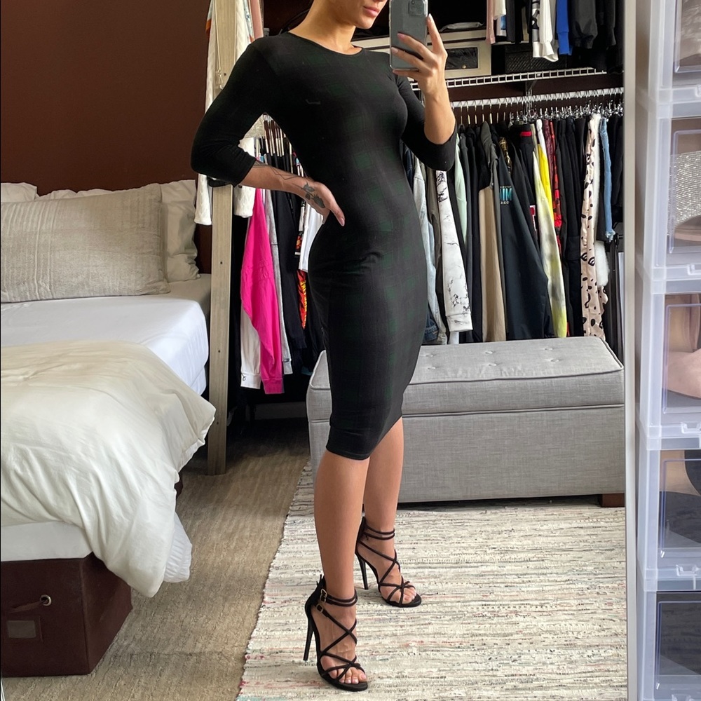 Dark Green Plaid Bodycon 3/4 Sleeve Midi Dress